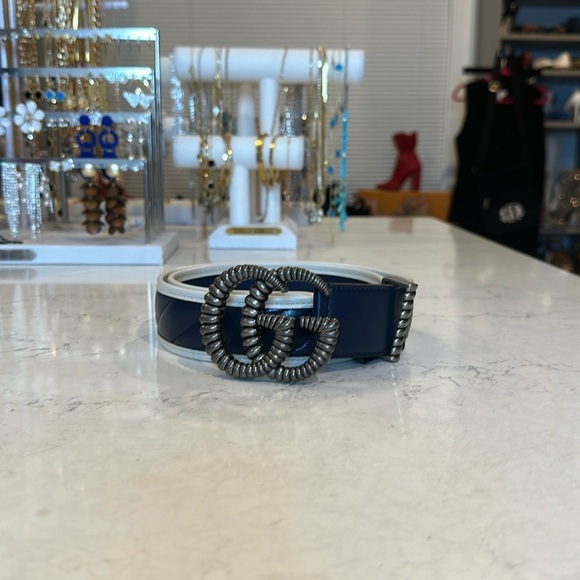 Authentic Gucci Marmont navy and white leather belt size 80 - Picture 1 of 4